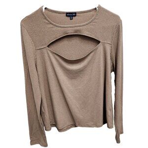 Olivia Blu Womens Top XL Brown Metallic Cutout Ribbed Long Sleeve Minimalist